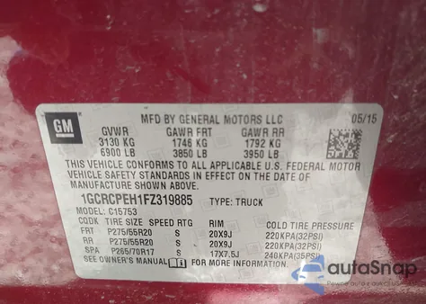 2015 Chevrolet Silverado 1500 Ls z USA, uszkodzony, nr VIN 1GCRCPEH1FZ319885